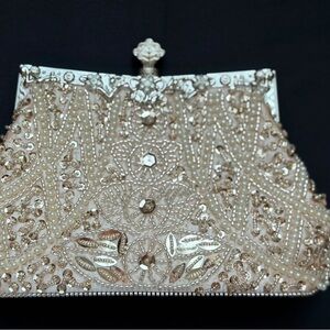 Embellished Pearl Beaded Evening Clutch - Gold